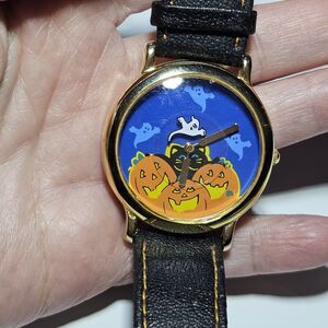Halloween Gold Tone Pumpkin Black Kitty Cat Ghost Watch Black Leather Band